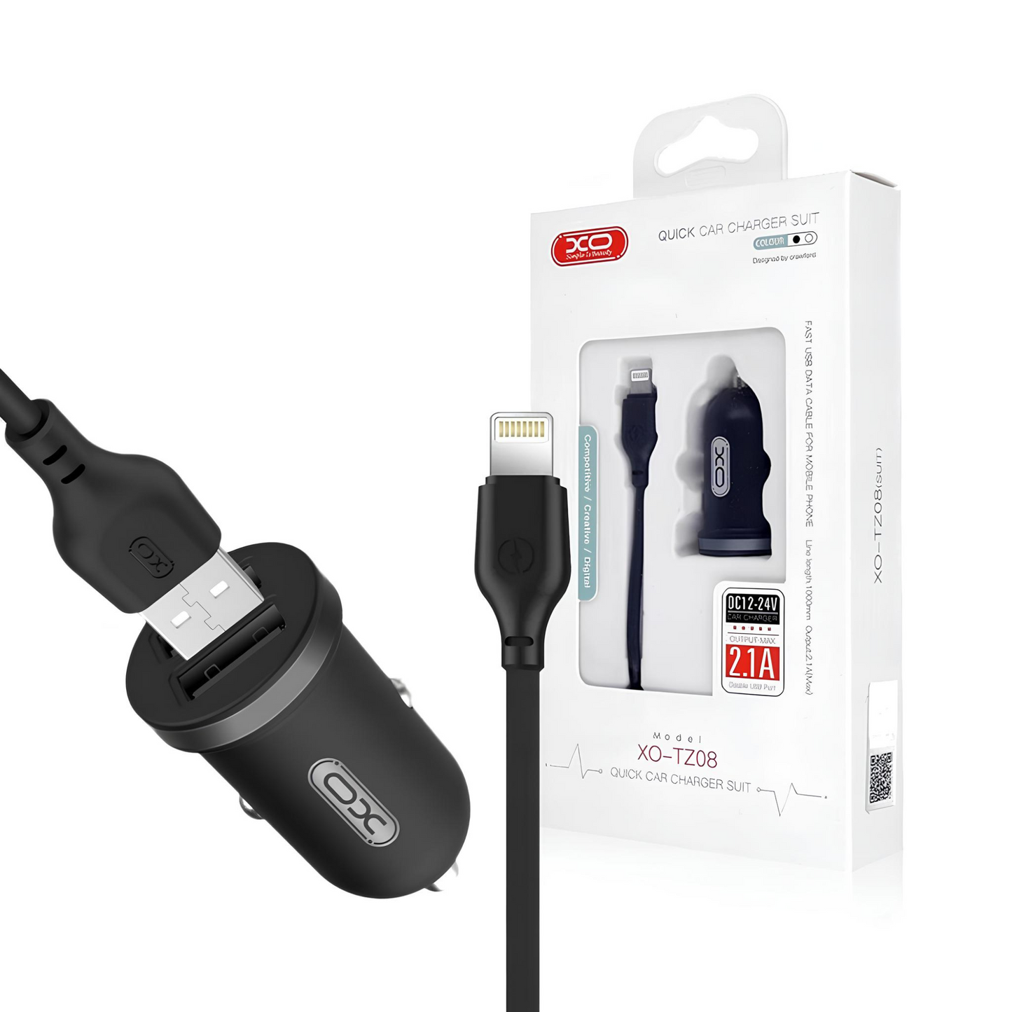 Carregador Veicular Com 2 entrada Usb XO-TZ08 com modelo Iphone , Tipo C , Micro Usp