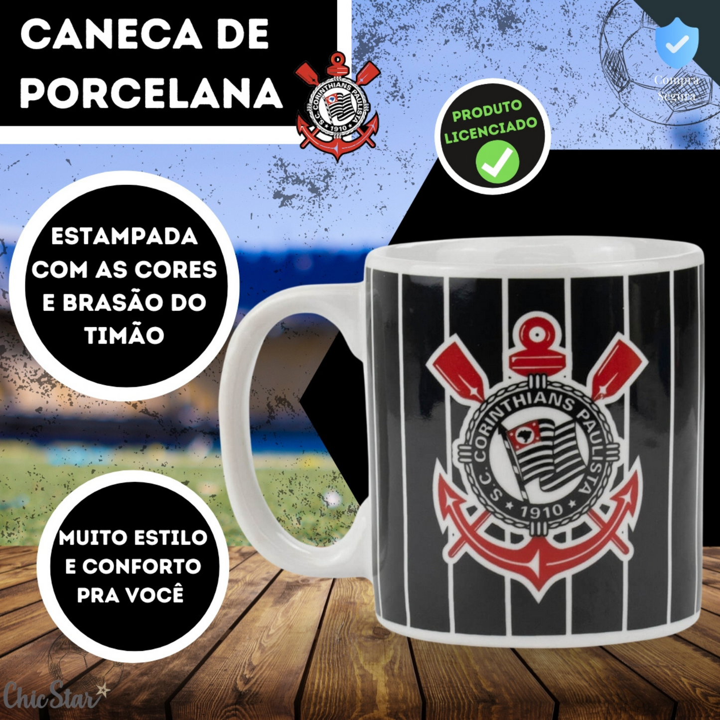 Caneca Copo Café De Porcelana Corinthians Fc Oficial