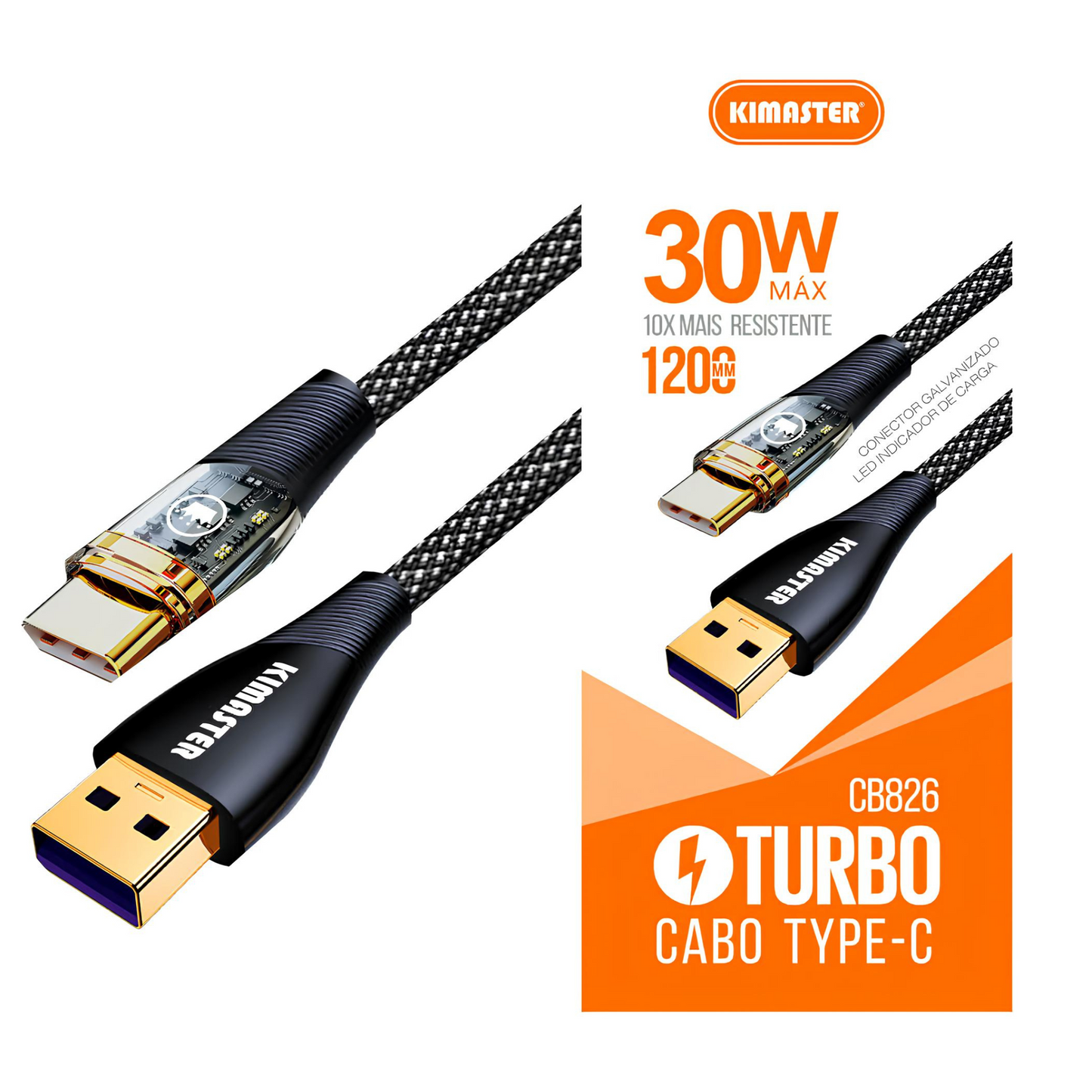 Cabo Tipo C 1,2m Turbo 30w Kimaster - Preto