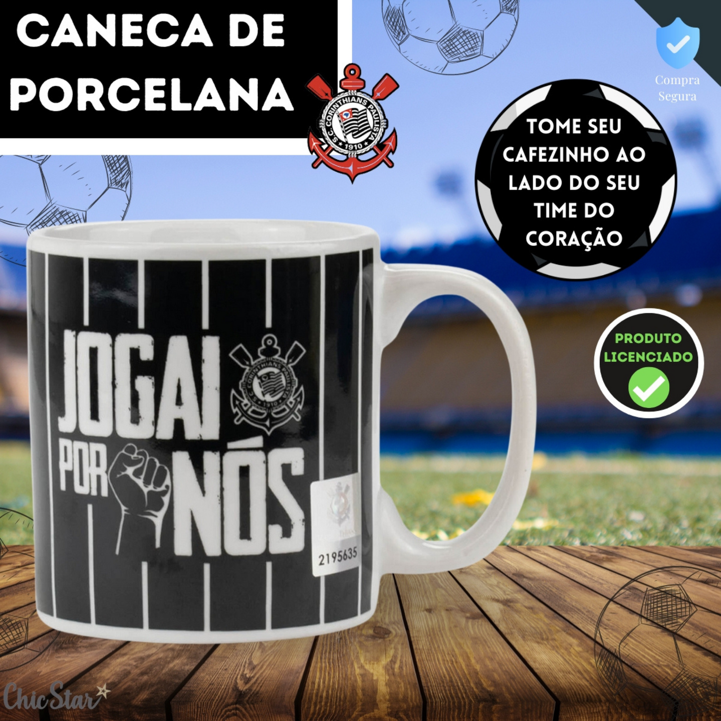 Caneca Copo Café De Porcelana Corinthians Fc Oficial