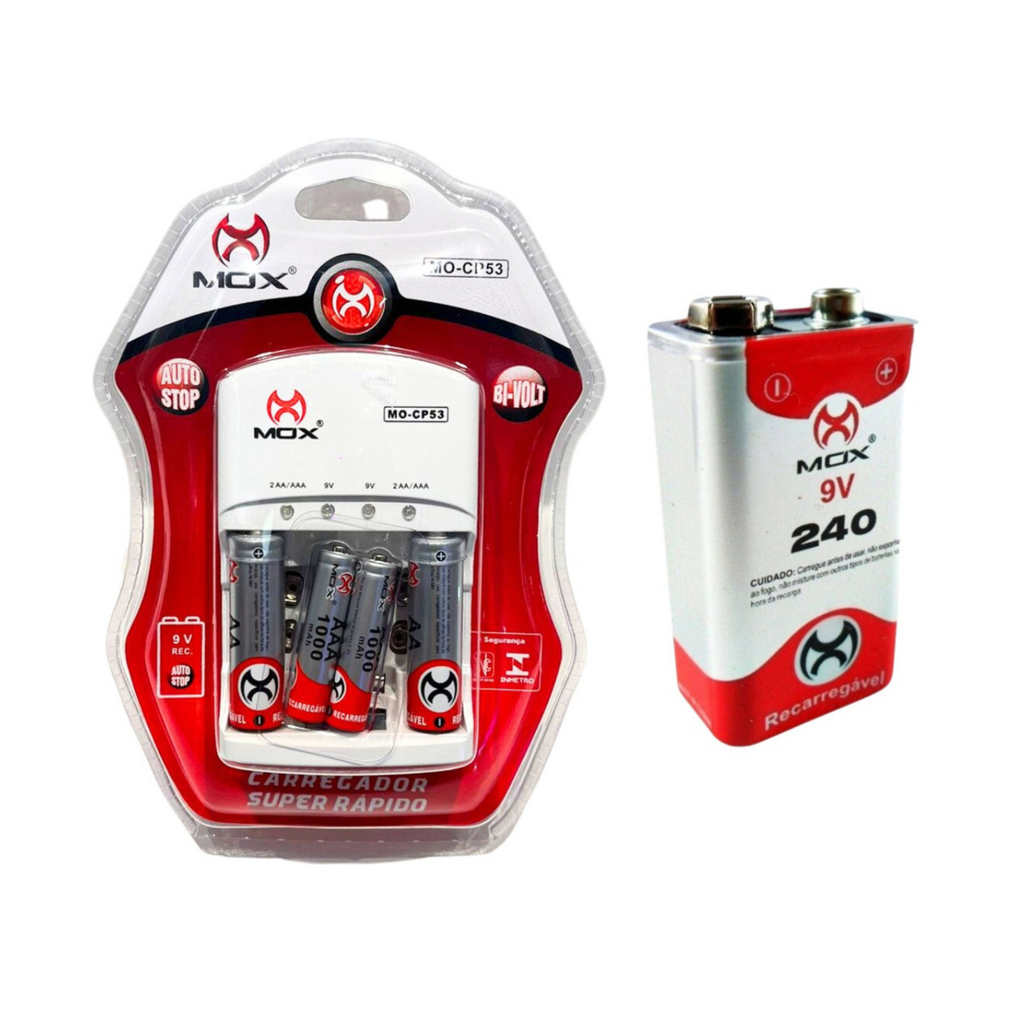 Carregador Bivolt+ 2 Pilhas Aa + 2 Aaa Recarregáveis Mox