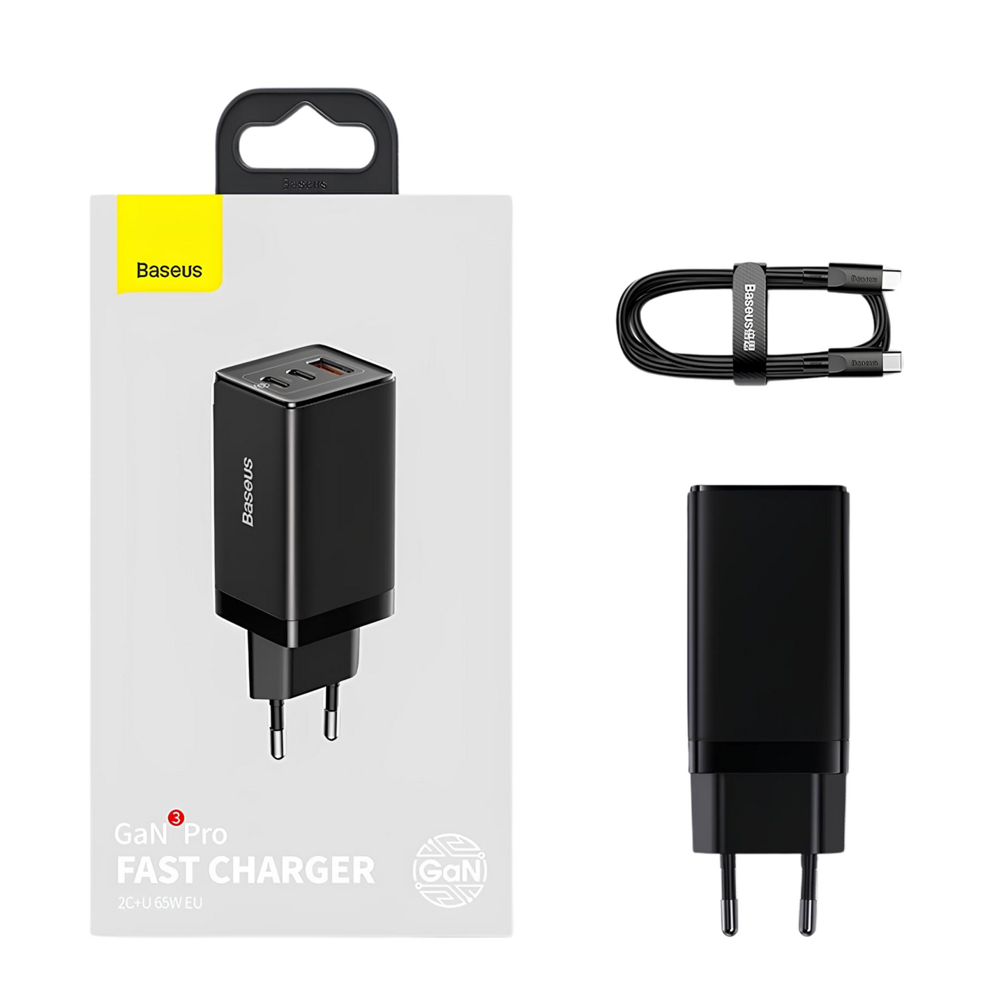 Baseus Gan Preto Carregador Rápido De Parede - 2xtype-c + Usb 65w