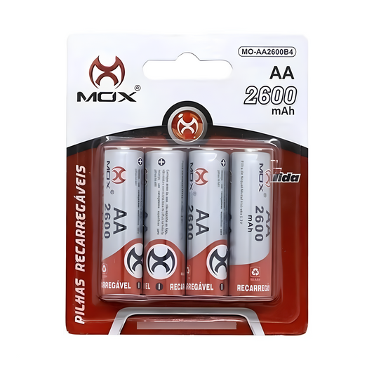 Blister com 4 Pilhas AA Recarregável 2600 mAh Mox