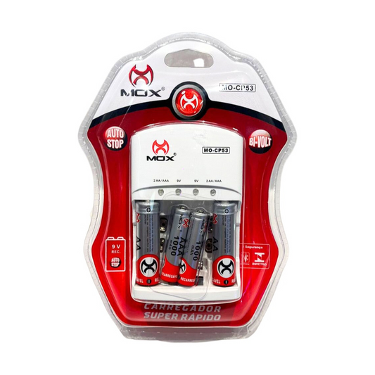 Carregador Bivolt+ 2 Pilhas Aa + 2 Aaa Recarregáveis Mox