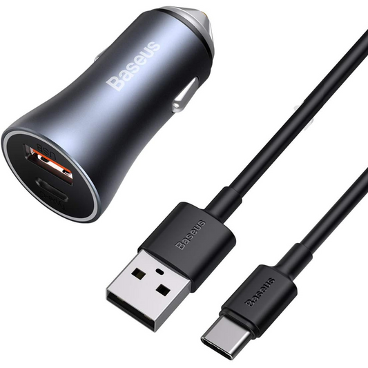 Carregador Veicular Duplo Mais Cabo de 1 Metro Turbo 40W Baseus USB + USB-C - Cinza