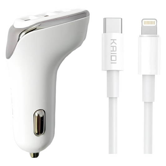 Carregador Veicular para Iphone PD USB-C Lightning KAIDI KD-304CL Turbo 38W Carregamento Rápido 3 Saidas