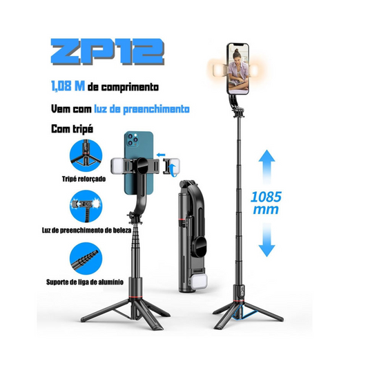 H'maston ZP12 Tripé selfie stick sem fio bluetooth com luz de enchimento 1.085m 360°