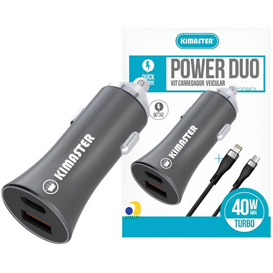 KIT CARREGADOR VEICULAR KIMASTER CABO USB C PARA LIGHTNING