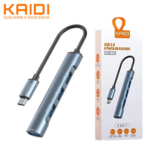 Kaidi KD-3801 Hub Usb Type-c 4 Portas Usb 3.0/2.0 5Gbps Kaidi KD-3801