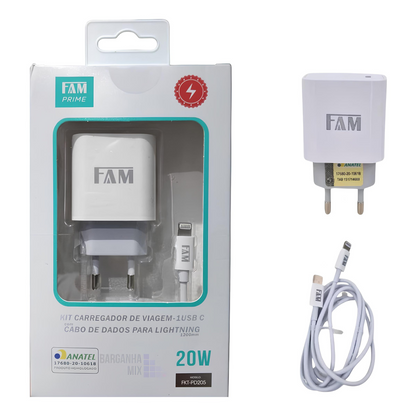 Kit Cabo Lightning Com Fonte 20w Turbo Anatel Fam