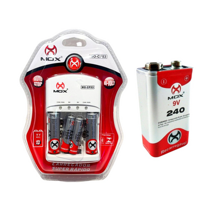 Carregador Bivolt+ 2 Pilhas Aa + 2 Aaa Recarregáveis Mox