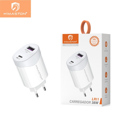 Fonte Tomada Rápida Carregar Celular Portátil  Usb e Tipo-c H'maston LR-11 Carregador 38w PD20W QC3.0
