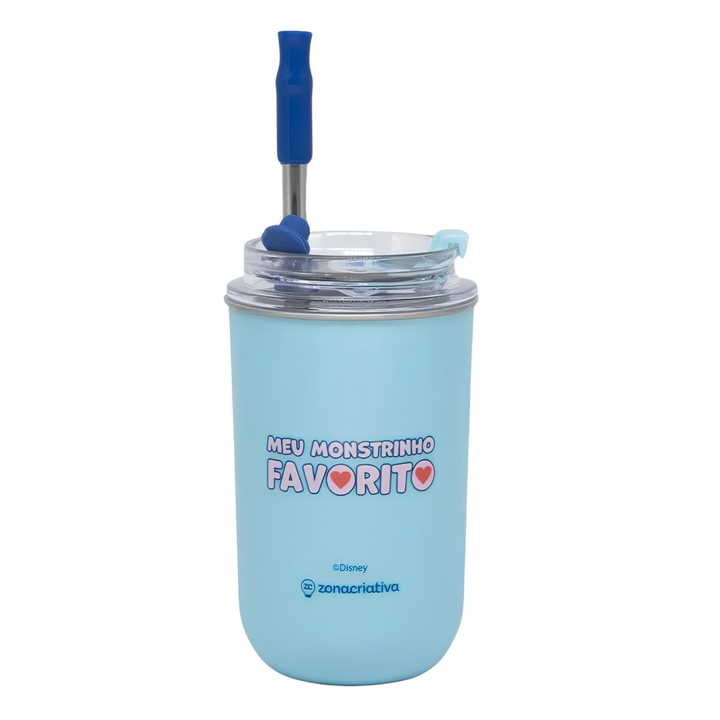 Copo Neo Com Canudo Stitch Namorados Disney 300ml